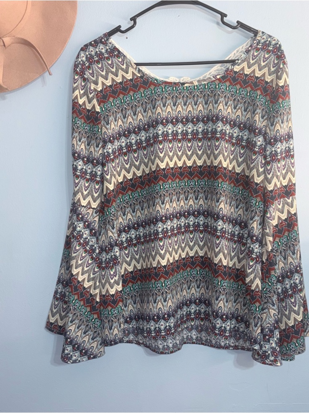 Size M Boho Chevron Print Long Flare-Sleeve Women's Top, 100% cotton, silky feel